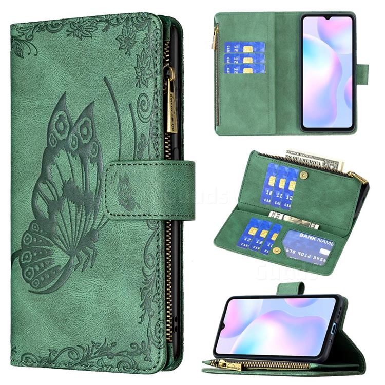 Binfen Color Imprint Vivid Butterfly Buckle Zipper Multi-function Leather Phone Wallet for Xiaomi Redmi 9A - Green