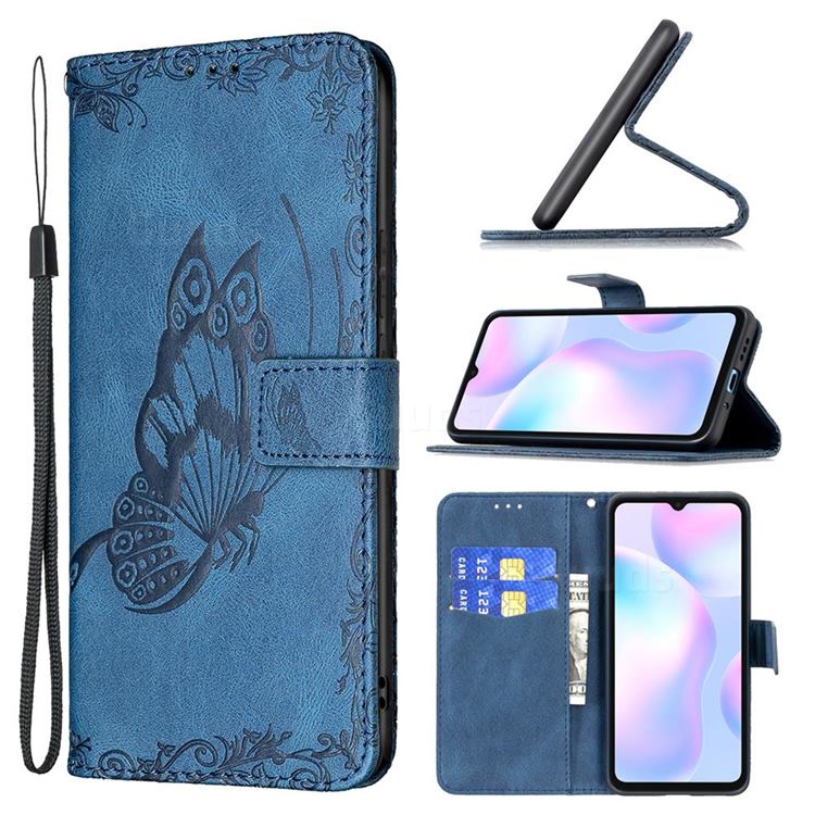 Binfen Color Imprint Vivid Butterfly Leather Wallet Case for Xiaomi Redmi 9A - Blue