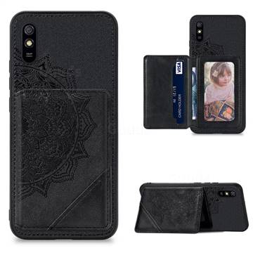 Mandala Flower Cloth Multifunction Stand Card Leather Phone Case for Xiaomi Redmi 9A - Black
