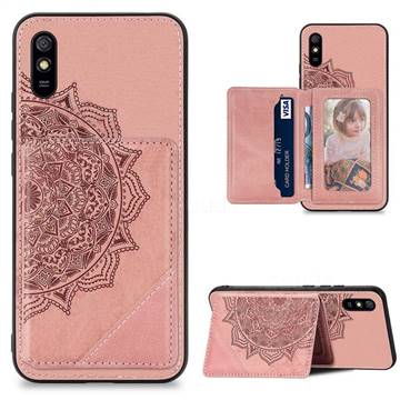 Mandala Flower Cloth Multifunction Stand Card Leather Phone Case for Xiaomi Redmi 9A - Rose Gold