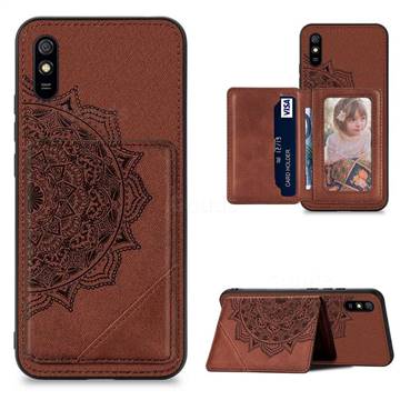 Mandala Flower Cloth Multifunction Stand Card Leather Phone Case for Xiaomi Redmi 9A - Brown
