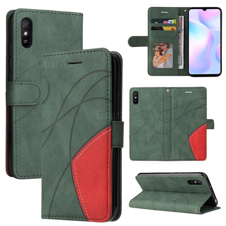 Luxury Two-color Stitching Leather Wallet Case Cover for Xiaomi Redmi 9A - Green