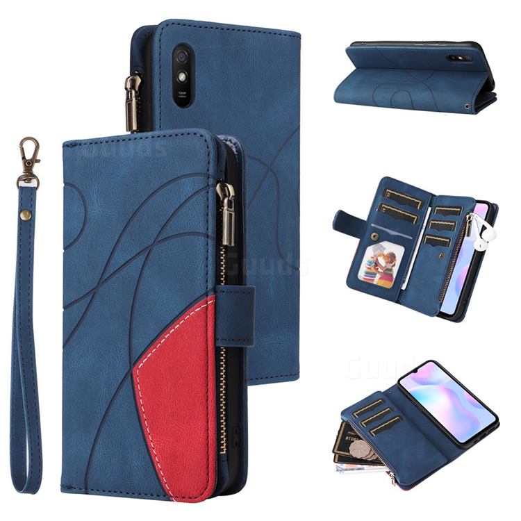 Luxury Two-color Stitching Multi-function Zipper Leather Wallet Case Cover for Xiaomi Redmi 9A - Blue
