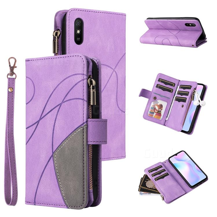 Luxury Two-color Stitching Multi-function Zipper Leather Wallet Case Cover for Xiaomi Redmi 9A - Purple