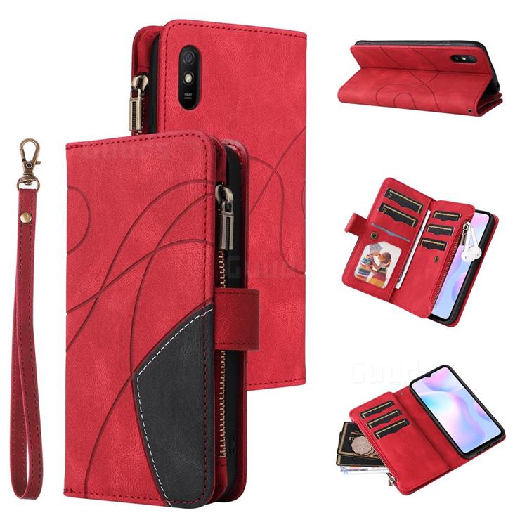 Luxury Two-color Stitching Multi-function Zipper Leather Wallet Case Cover for Xiaomi Redmi 9A - Red