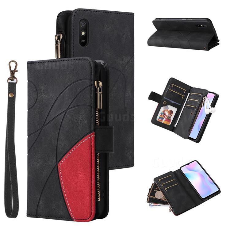 Luxury Two-color Stitching Multi-function Zipper Leather Wallet Case Cover for Xiaomi Redmi 9A - Black