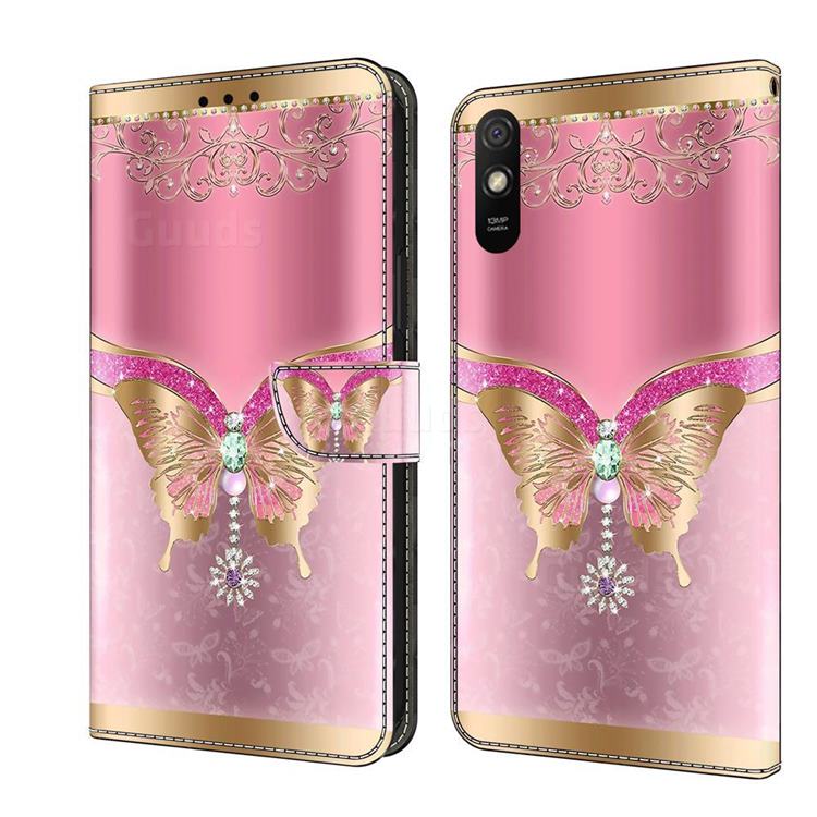 Pink Diamond Butterfly Crystal PU Leather Protective Wallet Case Cover for Xiaomi Redmi 9A