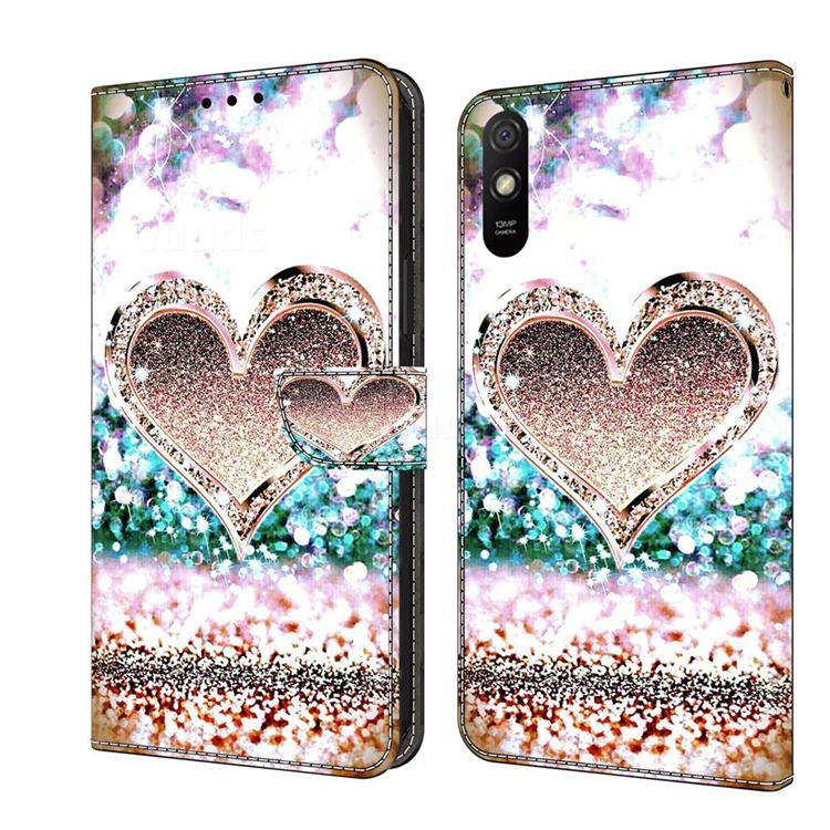 Pink Diamond Heart Crystal PU Leather Protective Wallet Case Cover for Xiaomi Redmi 9A