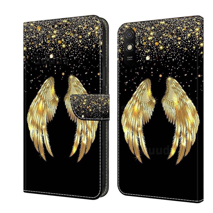 Golden Angel Wings Crystal PU Leather Protective Wallet Case Cover for Xiaomi Redmi 9A