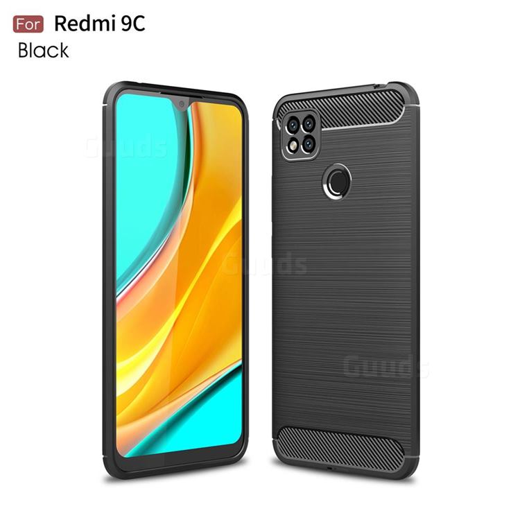 Luxury Carbon Fiber Brushed Wire Drawing Silicone TPU Back Cover for Xiaomi Redmi 9C - Black