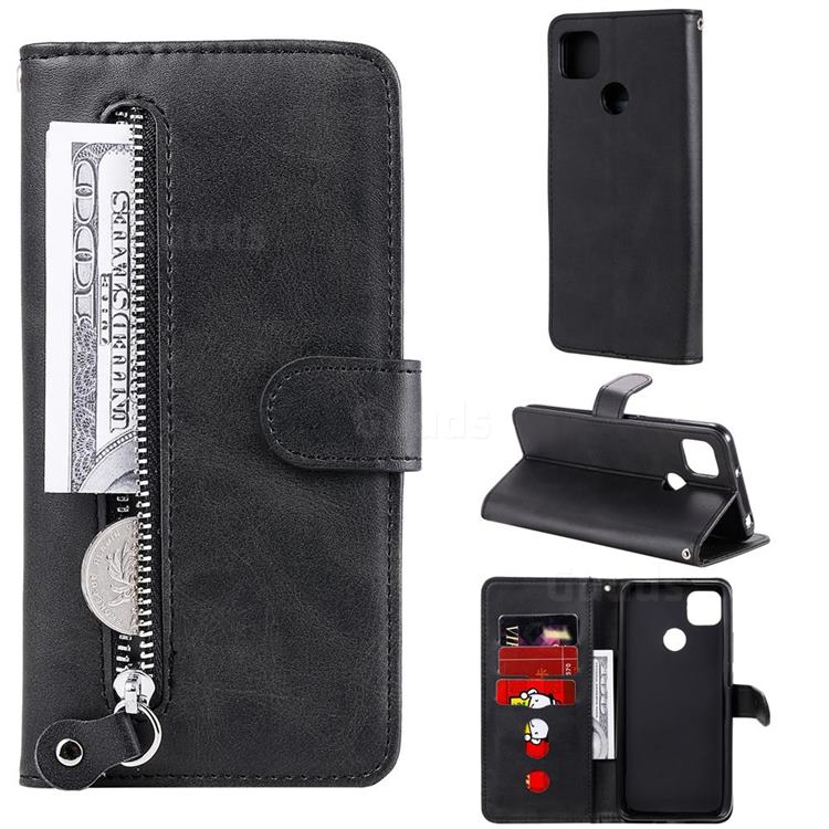 Retro Luxury Zipper Leather Phone Wallet Case for Xiaomi Redmi 9C - Black