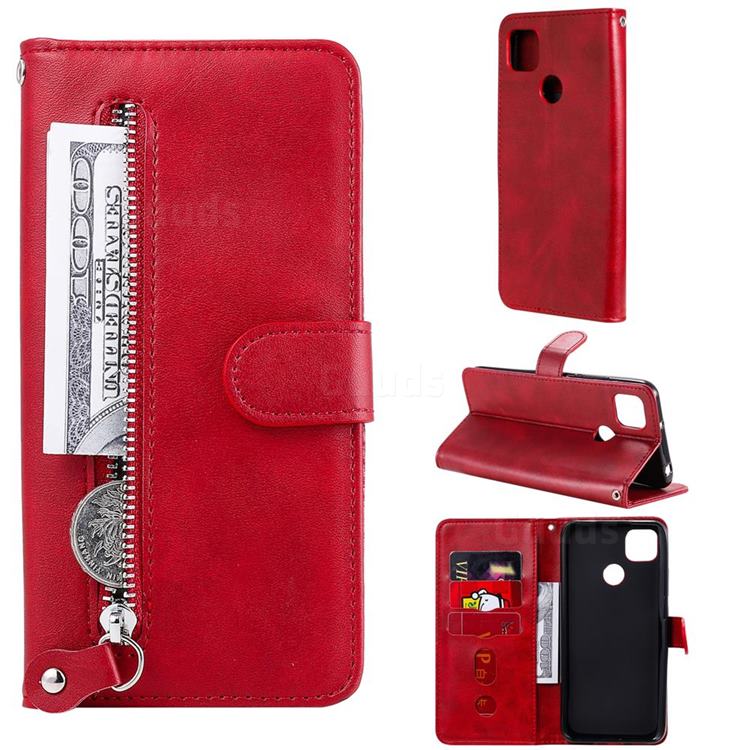 Retro Luxury Zipper Leather Phone Wallet Case for Xiaomi Redmi 9C - Red