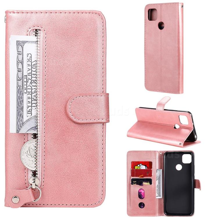 Retro Luxury Zipper Leather Phone Wallet Case for Xiaomi Redmi 9C - Pink