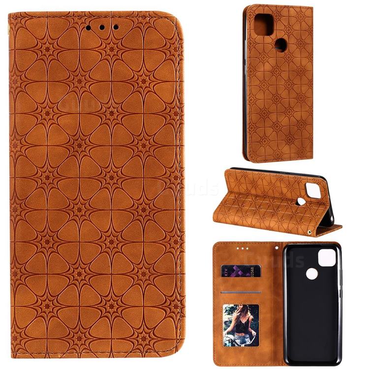 Intricate Embossing Four Leaf Clover Leather Wallet Case for Xiaomi Redmi 9C - Yellowish Brown