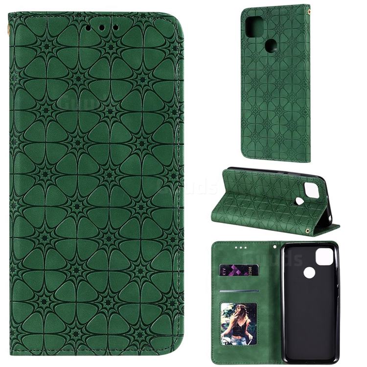 Intricate Embossing Four Leaf Clover Leather Wallet Case for Xiaomi Redmi 9C - Blackish Green