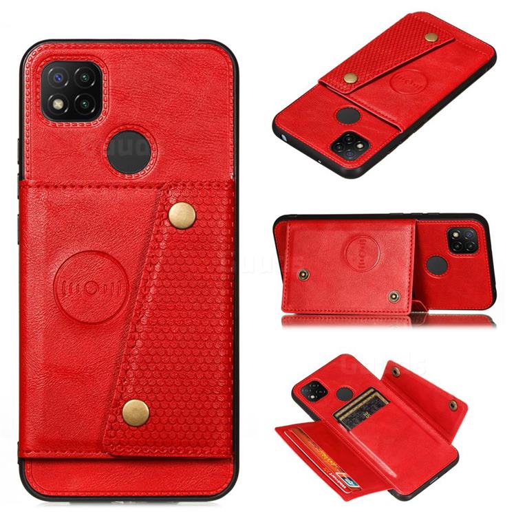 Retro Multifunction Card Slots Stand Leather Coated Phone Back Cover for Xiaomi Redmi 9C - Red