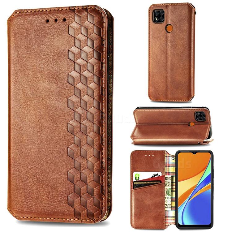 Ultra Slim Fashion Business Card Magnetic Automatic Suction Leather Flip Cover for Xiaomi Redmi 9C - Brown