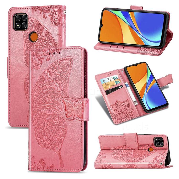 Embossing Mandala Flower Butterfly Leather Wallet Case for Xiaomi Redmi 9C - Pink