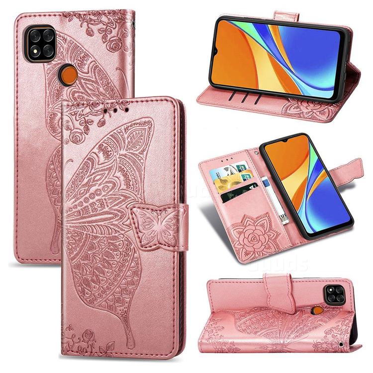 Embossing Mandala Flower Butterfly Leather Wallet Case for Xiaomi Redmi 9C - Rose Gold