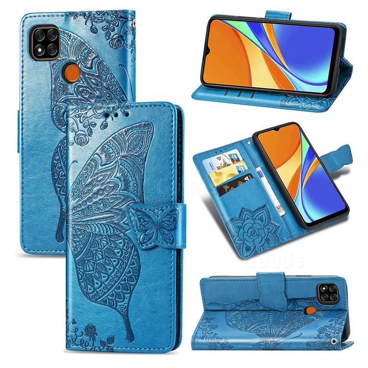 Embossing Mandala Flower Butterfly Leather Wallet Case for Xiaomi Redmi 9C - Blue