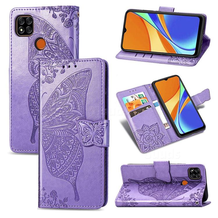 Embossing Mandala Flower Butterfly Leather Wallet Case for Xiaomi Redmi 9C - Light Purple