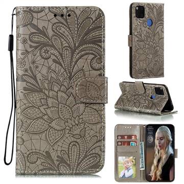 Intricate Embossing Lace Jasmine Flower Leather Wallet Case for Xiaomi Redmi 9C - Gray