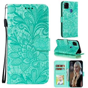 Intricate Embossing Lace Jasmine Flower Leather Wallet Case for Xiaomi Redmi 9C - Green