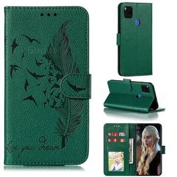 Intricate Embossing Lychee Feather Bird Leather Wallet Case for Xiaomi Redmi 9C - Green