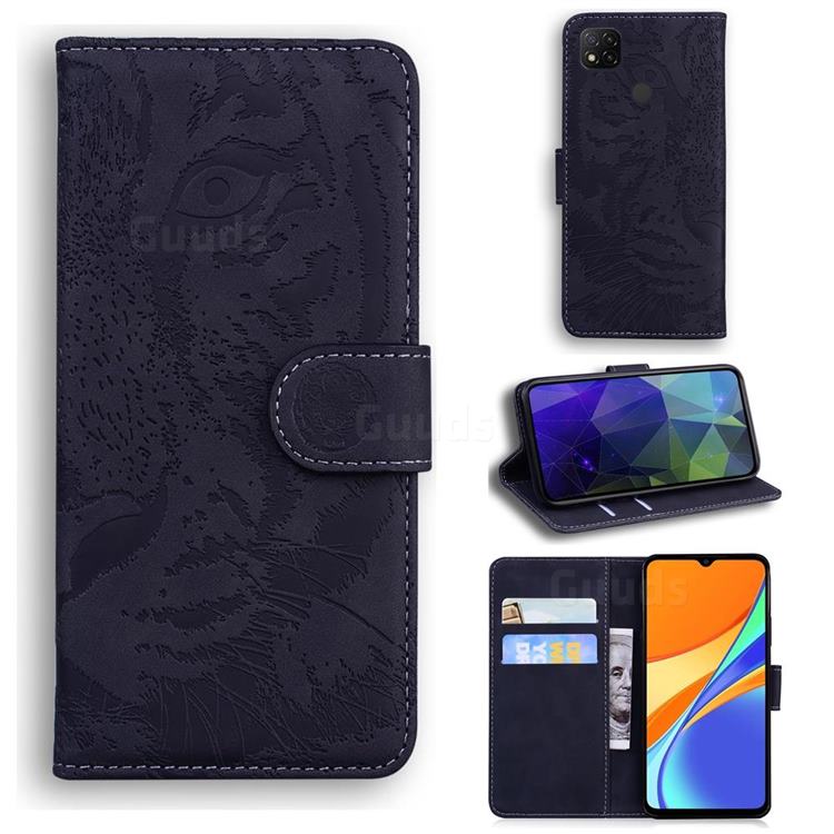 Intricate Embossing Tiger Face Leather Wallet Case for Xiaomi Redmi 9C - Black