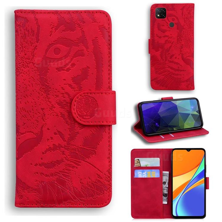 Intricate Embossing Tiger Face Leather Wallet Case for Xiaomi Redmi 9C - Red