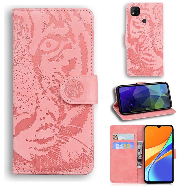 Intricate Embossing Tiger Face Leather Wallet Case for Xiaomi Redmi 9C - Pink