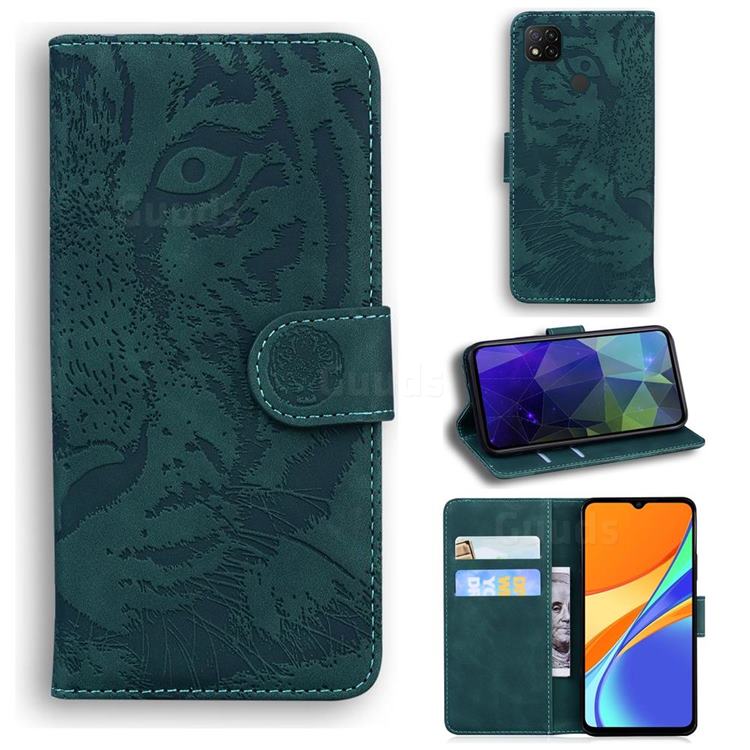 Intricate Embossing Tiger Face Leather Wallet Case for Xiaomi Redmi 9C - Green