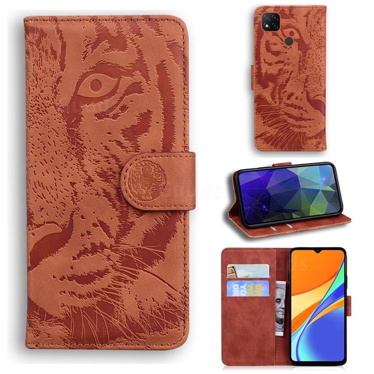 Intricate Embossing Tiger Face Leather Wallet Case for Xiaomi Redmi 9C - Brown