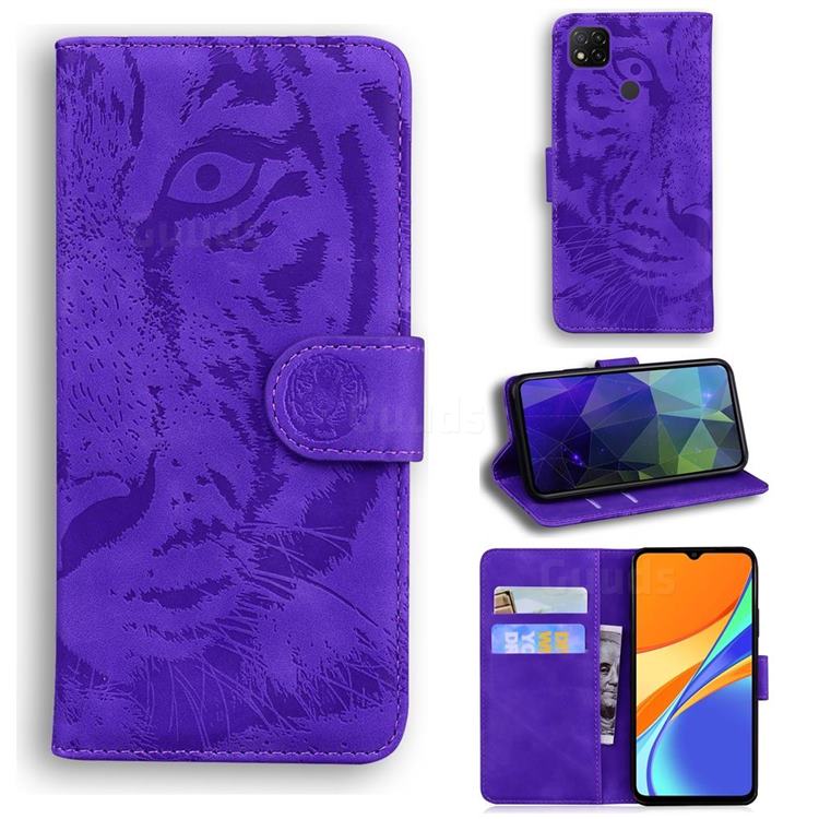 Intricate Embossing Tiger Face Leather Wallet Case for Xiaomi Redmi 9C - Purple