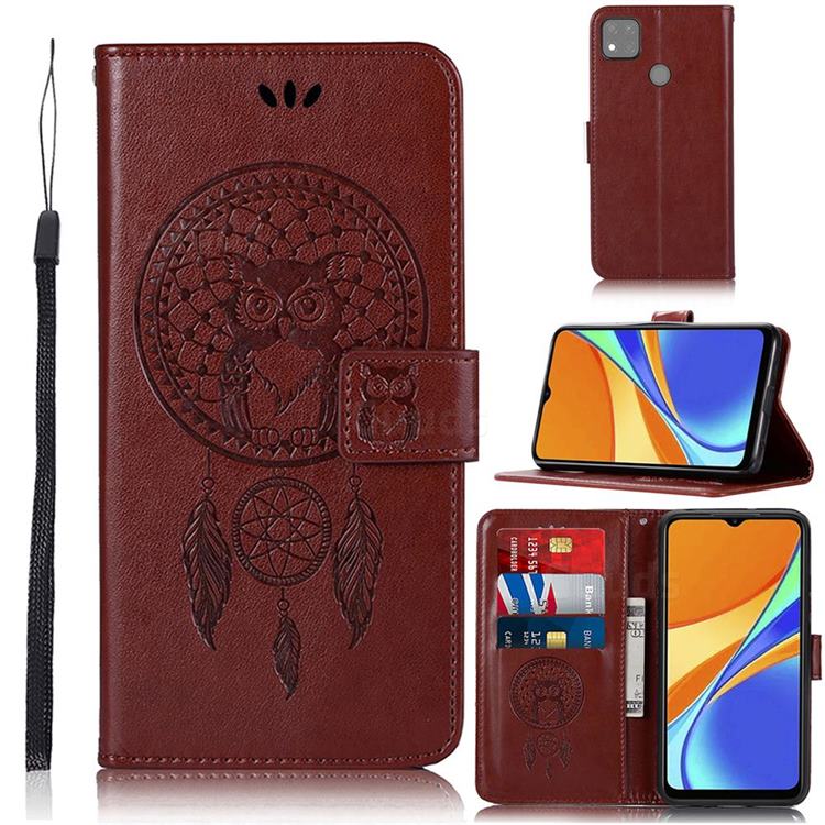 Intricate Embossing Owl Campanula Leather Wallet Case for Xiaomi Redmi 9C - Brown