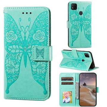 Intricate Embossing Rose Flower Butterfly Leather Wallet Case for Xiaomi Redmi 9C - Green