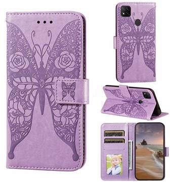 Intricate Embossing Rose Flower Butterfly Leather Wallet Case for Xiaomi Redmi 9C - Purple