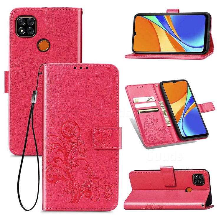 Embossing Imprint Four-Leaf Clover Leather Wallet Case for Xiaomi Redmi 9C - Rose Red