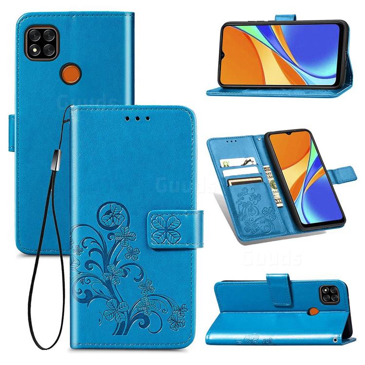Embossing Imprint Four-Leaf Clover Leather Wallet Case for Xiaomi Redmi 9C - Blue
