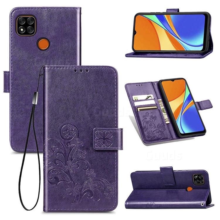 Embossing Imprint Four-Leaf Clover Leather Wallet Case for Xiaomi Redmi 9C - Purple