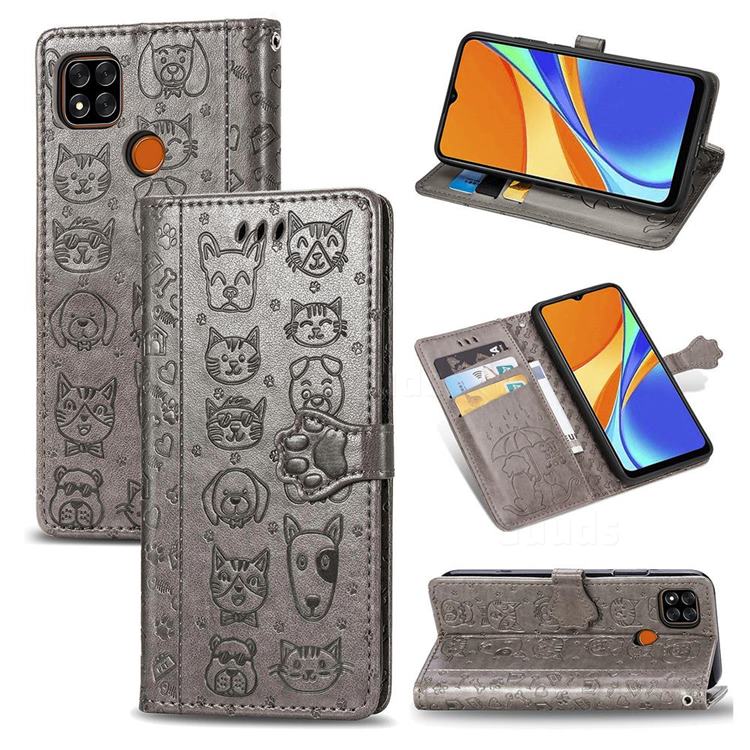 Embossing Dog Paw Kitten and Puppy Leather Wallet Case for Xiaomi Redmi 9C - Gray