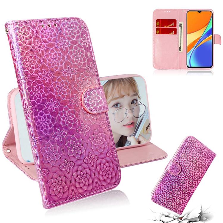 Laser Circle Shining Leather Wallet Phone Case for Xiaomi Redmi 9C - Pink