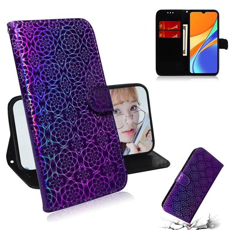 Laser Circle Shining Leather Wallet Phone Case for Xiaomi Redmi 9C - Purple