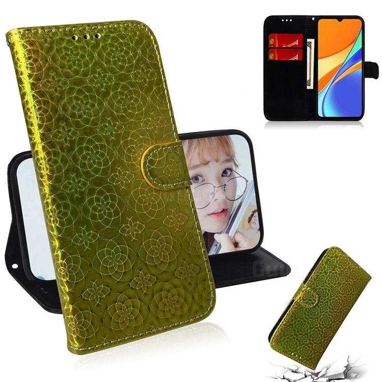 Laser Circle Shining Leather Wallet Phone Case for Xiaomi Redmi 9C - Golden