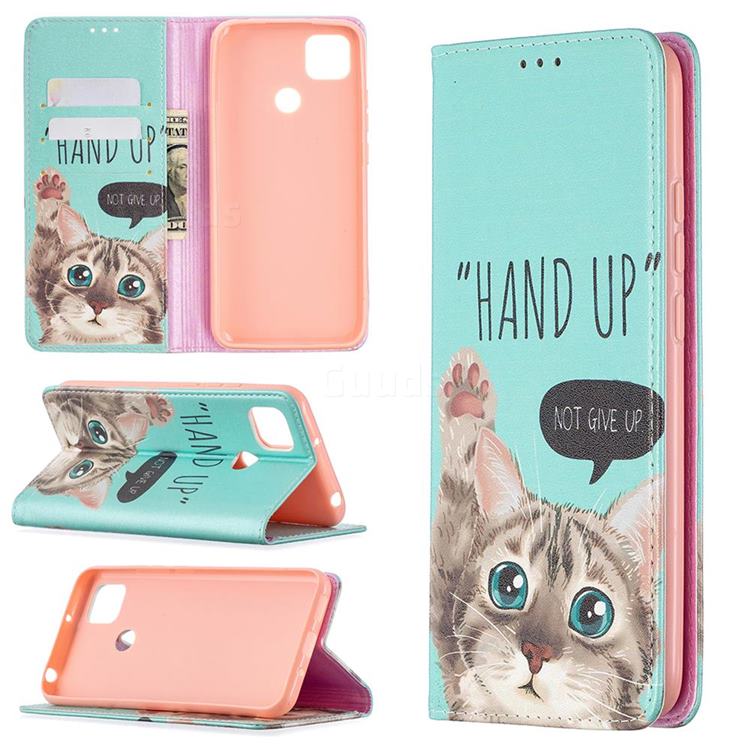 Hand Up Cat Slim Magnetic Attraction Wallet Flip Cover for Xiaomi Redmi 9C