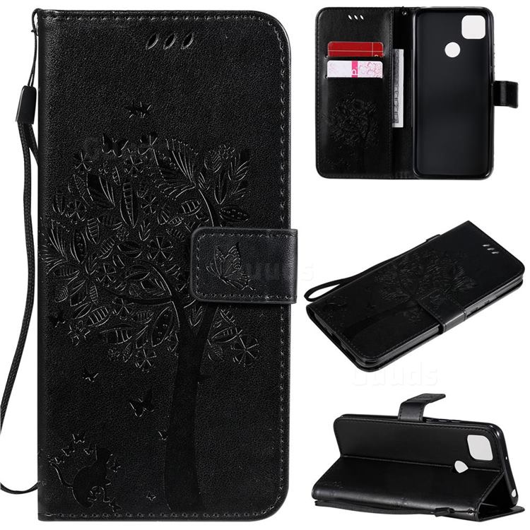 Embossing Butterfly Tree Leather Wallet Case for Xiaomi Redmi 9C - Black