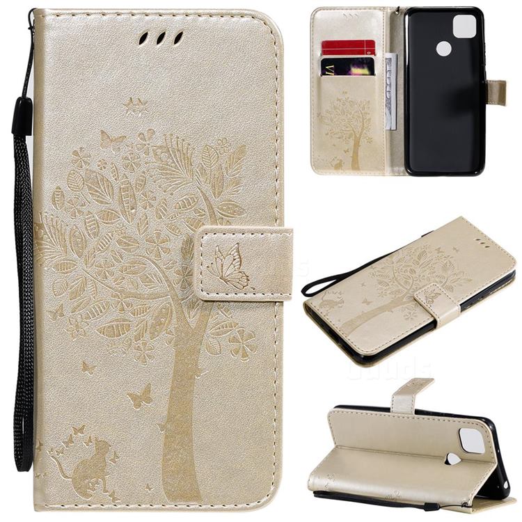 Embossing Butterfly Tree Leather Wallet Case for Xiaomi Redmi 9C - Champagne