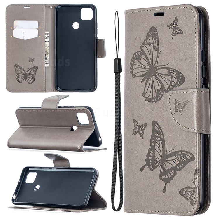 Embossing Double Butterfly Leather Wallet Case for Xiaomi Redmi 9C - Gray