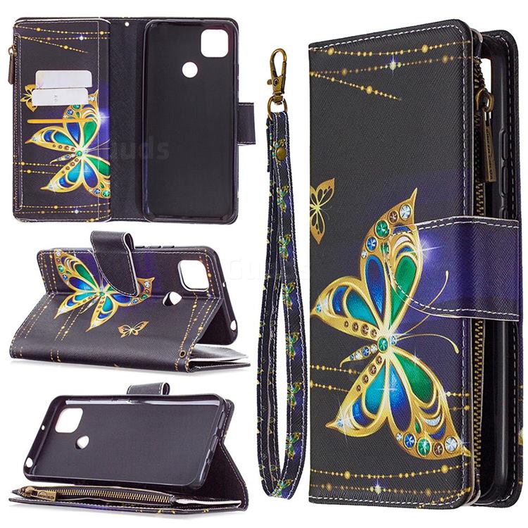 Golden Shining Butterfly Binfen Color BF03 Retro Zipper Leather Wallet Phone Case for Xiaomi Redmi 9C