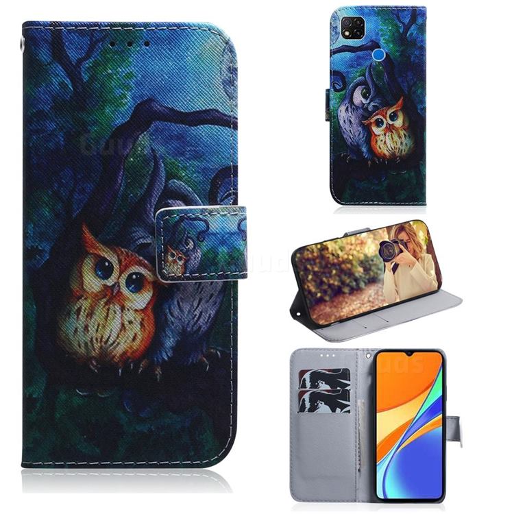 Oil Painting Owl PU Leather Wallet Case for Xiaomi Redmi 9C